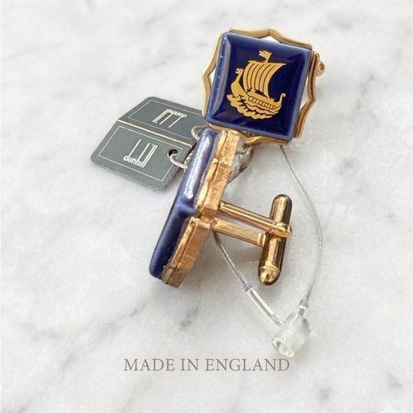 Vintage Dunhill London Viking Longship Cufflinks - Blue Enamel & Gold Tone - NWT - Picture 2 of 4